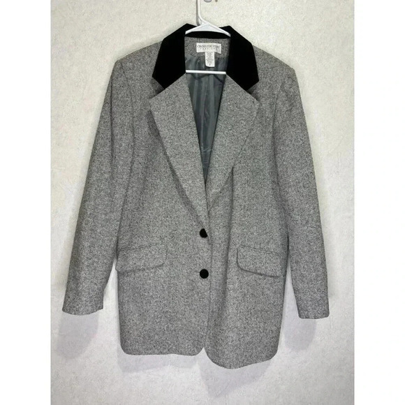 CROSS COUNTRY Vintage Women Gray Wool Blend Blazer Jacket Velvet Trim Office 20T - Picture 2 of 10